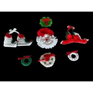 Hand Made Set of 7 Crochet Christmas Pins, Santa Claus Wreats Skates Girl Gifts